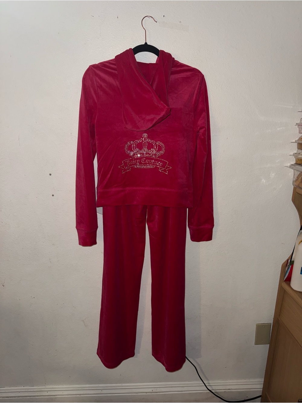Juicy Couture Girls' Berry Red Velour Hooded Pajama Set with Rhinestone Crown